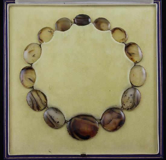 A 19th century gold and moss agate riviere necklace, 15in.